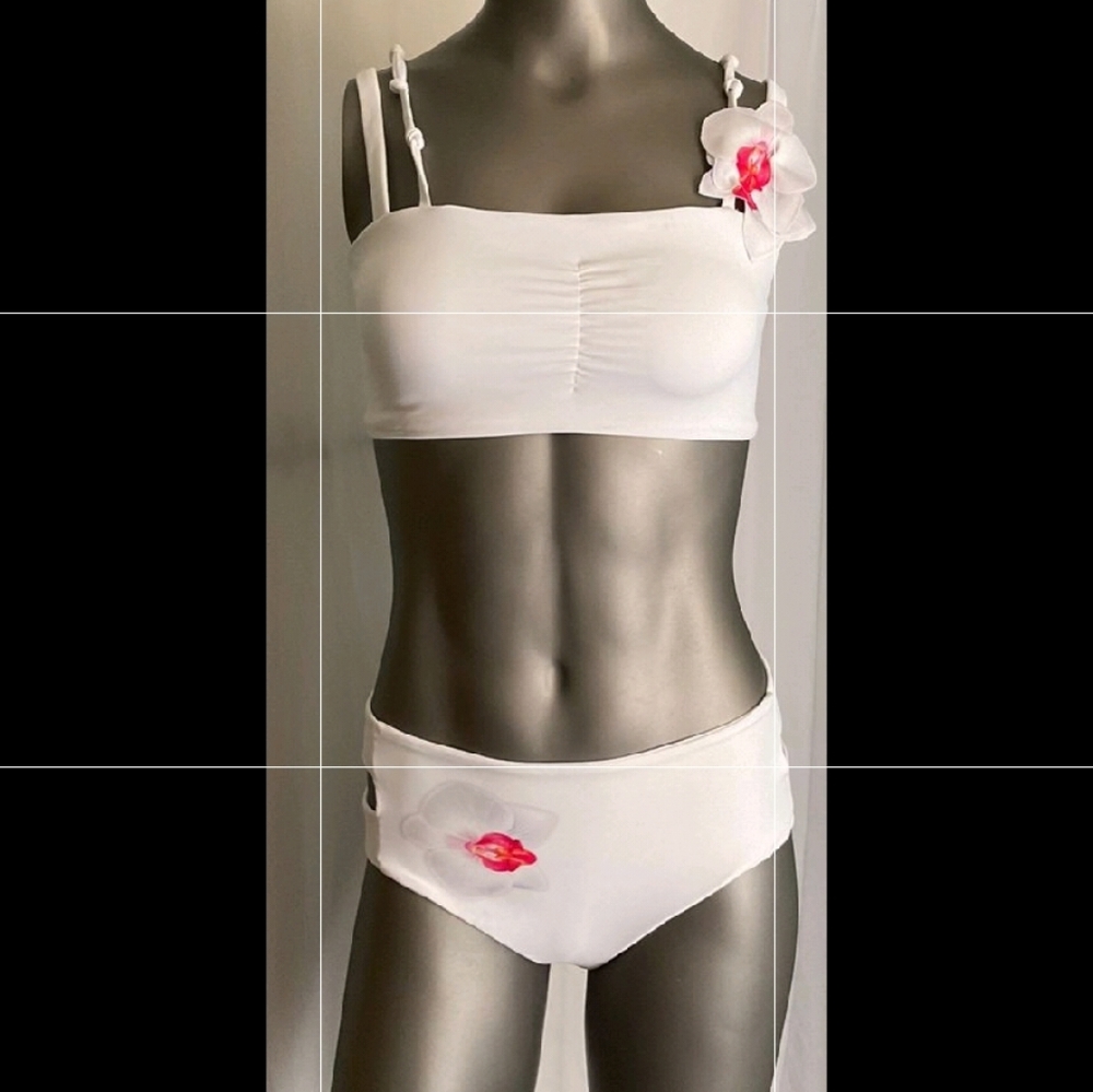 White two piece with orchid swimsuit